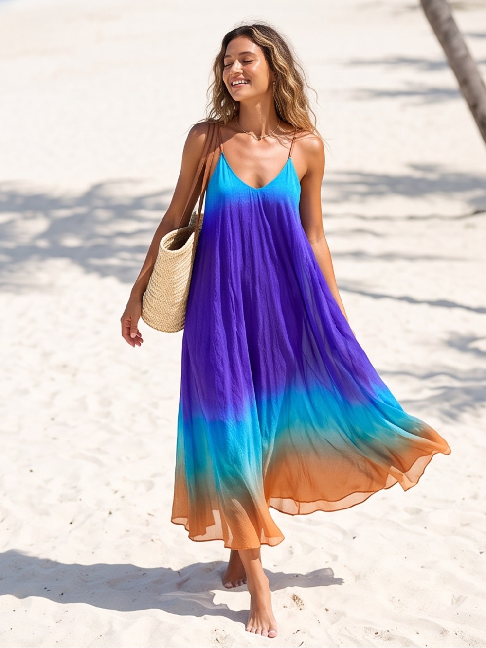 Women’s Comfort Ombre Maxi Silk Dress in Purple, Teal & Brown